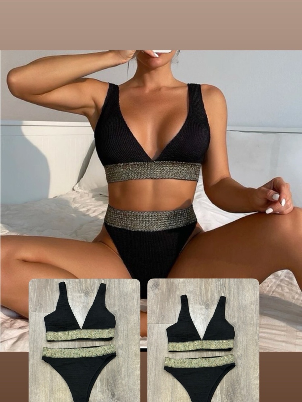 Black Textured High Waisted Bikini Set – Size Medium ✨ Gold Metallic Bands